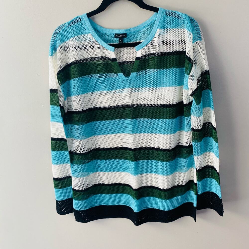 Talbots black white and black semi sheer slit neck top (Size: M)